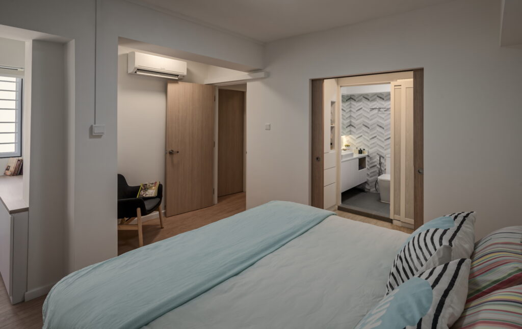 Scandinavian HDB design at 544 Jelapang Road by Zenith Arc, showcasing a master bedroom with a minimalist, serene aesthetic and functional furnishings.