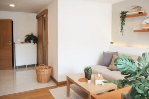 white living room with natural plants design