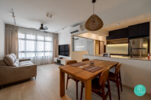 Modern living room with contemporary interior design elements, including sleek furniture, neutral palette, and smart technology.