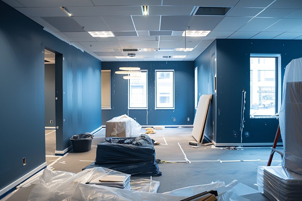 A modern office space undergoing renovation with fresh blue paint, new furniture, and updated lighting.