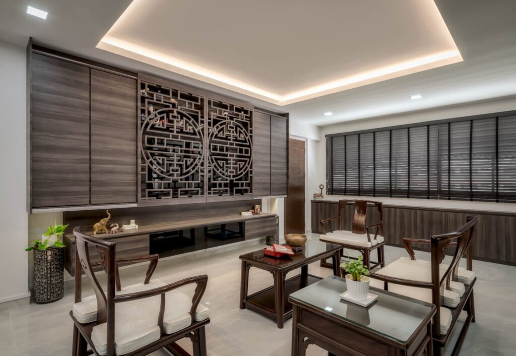 Transitional contemporary living room with oriental lattice TV feature wall closed in a 5-room HDB at 776 Pasir Ris