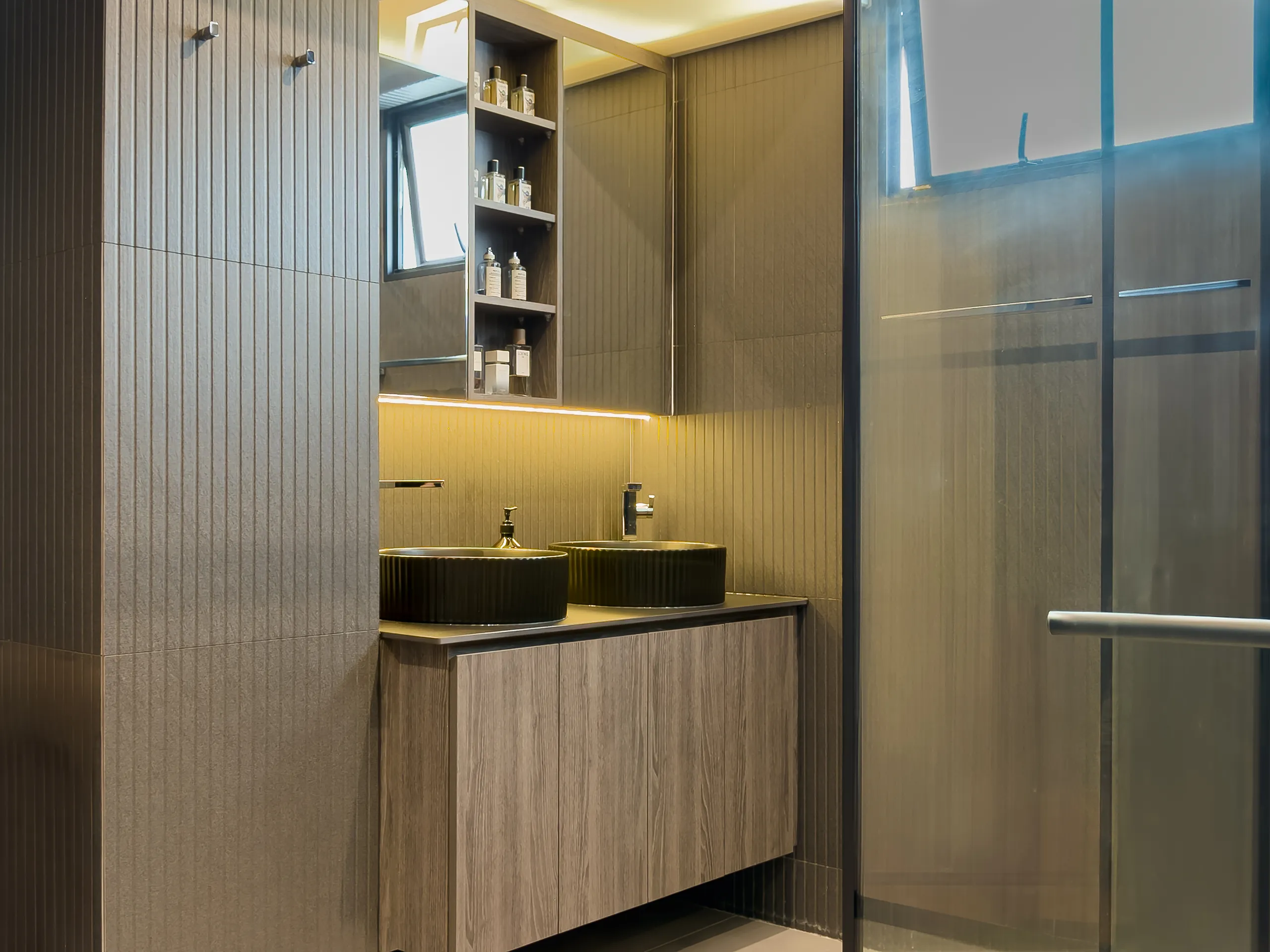 Luxury Scandinavian 717 bedok reservoir rd bathroom with 2 black vessel sink bowl
