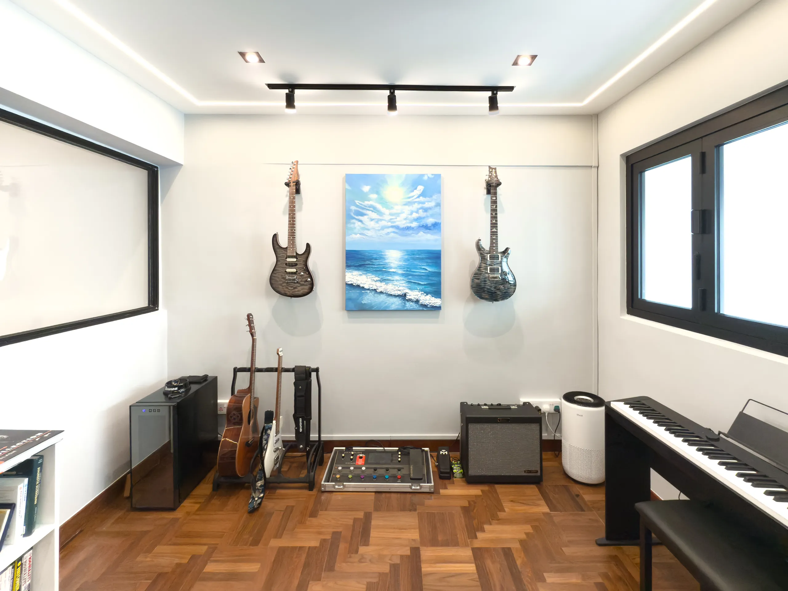 Minimalist design 717 bedok reservoir rd music room with herringbone floor