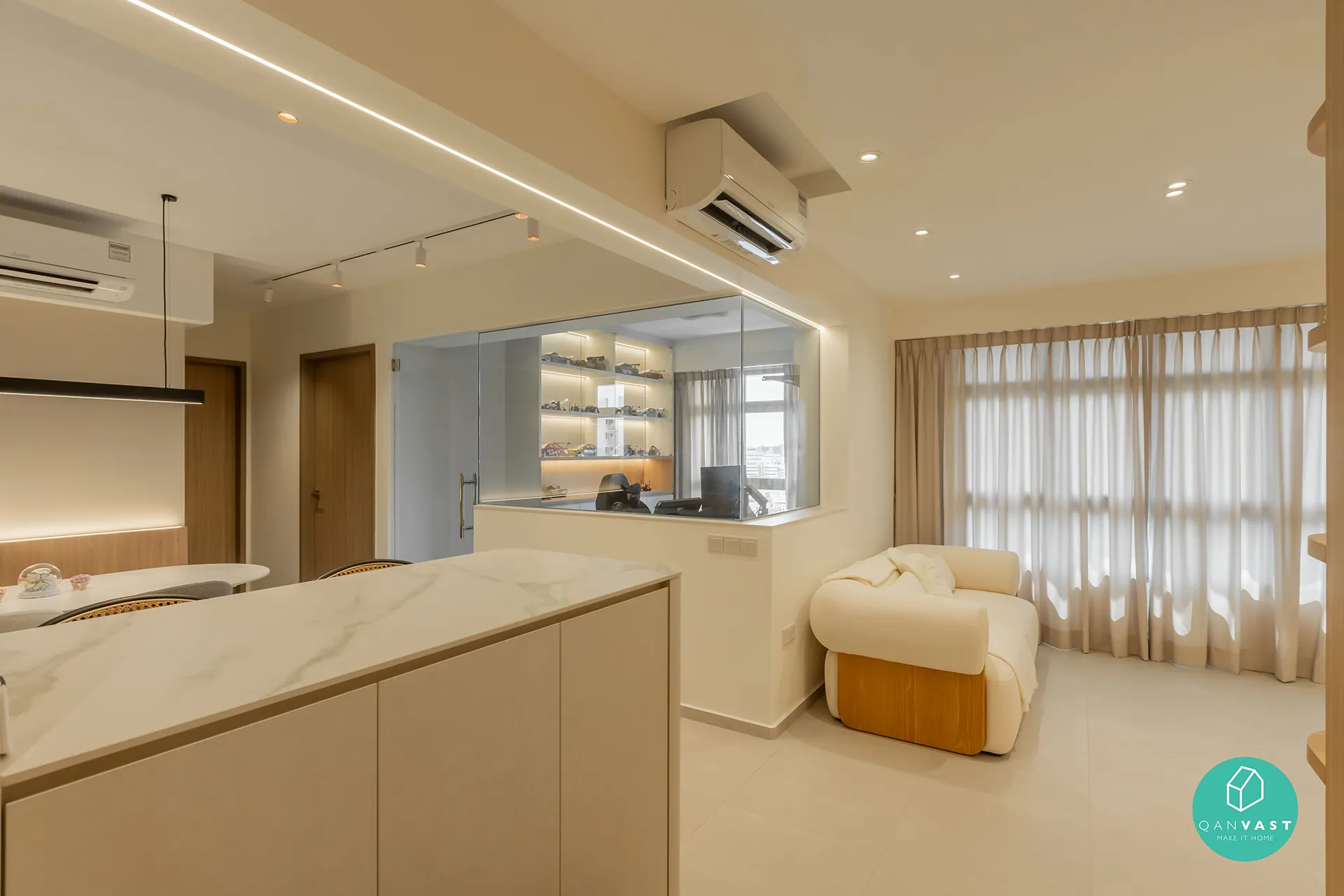 Open-concept 4-room BTO design showcasing Minimalist-Warm kitchen, sheer curtains, and glass partition for study area.