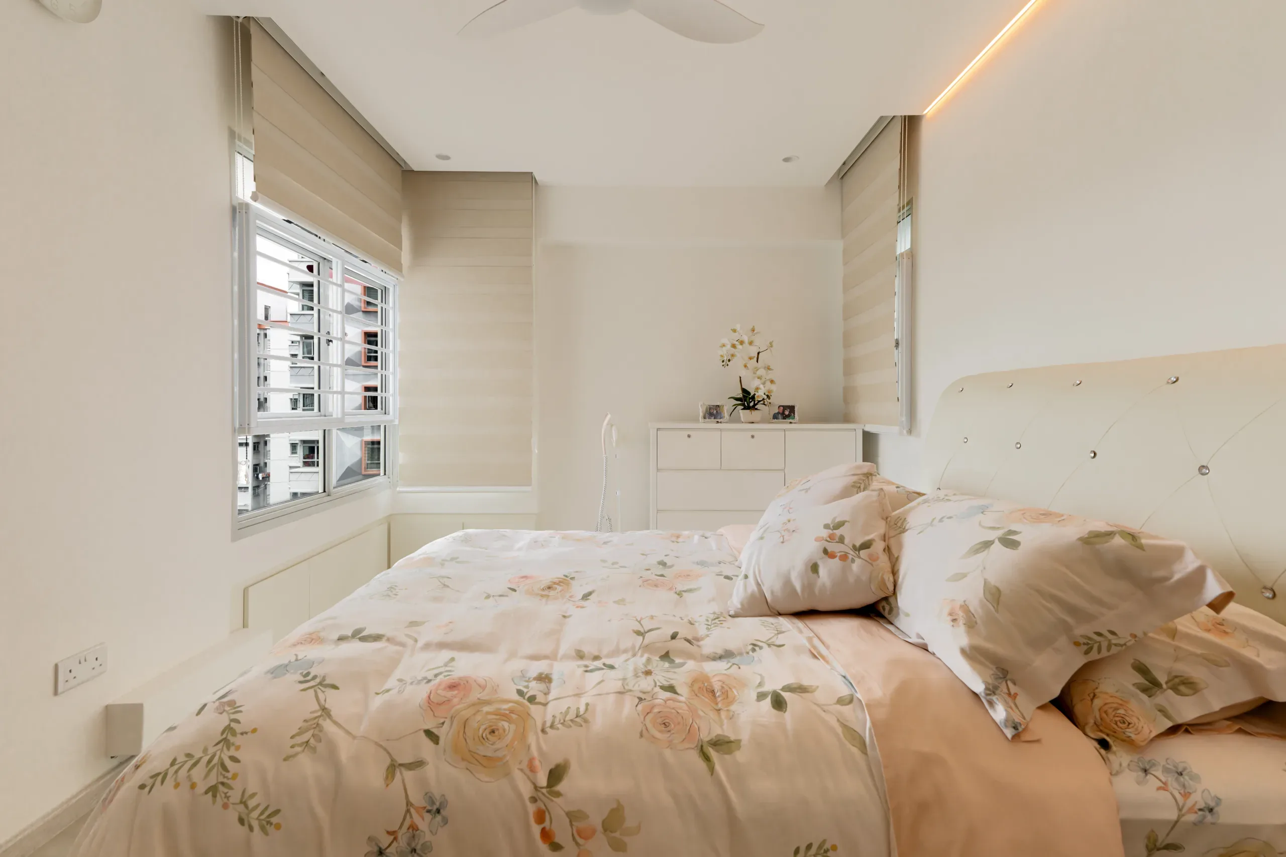 serene hdb bedroom tufted headboard led lighting